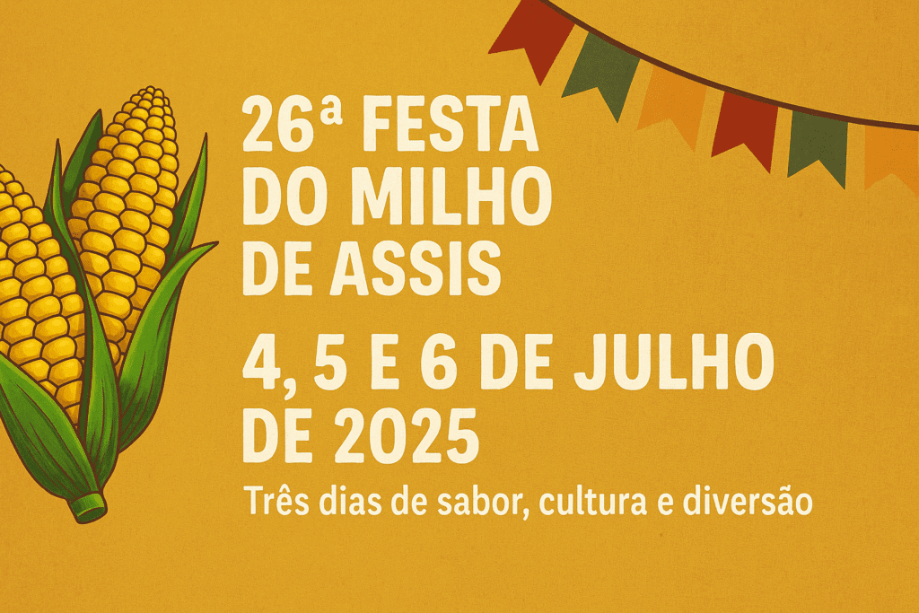 A 26ª Festa do Milho de Assis será nos dias 4, 5 e 6 de julho. Três dias de tradição, cultura, música e comidas típicas. Veja o que vem por aí!