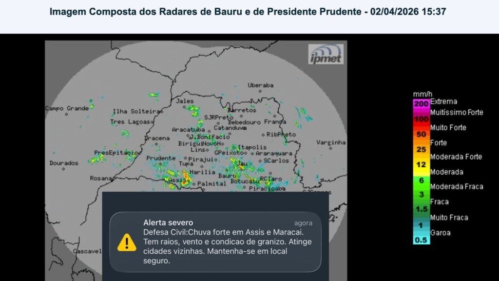Alerta Severo: Defesa Civil avisa sobre tempestade com risco de granizo em Assis e região
