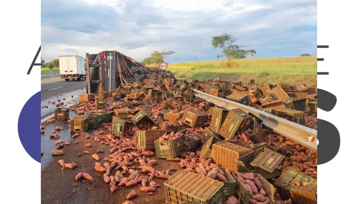 Carreta com 30 toneladas de batata-doce tomba na SP-333, em Marília. Acidente ocorreu nesta terça (3) e não deixou feridos.