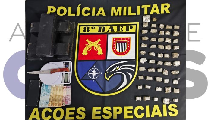 BAEP apreende cinco quilos de maconha com apoio de cão farejador em Presidente Prudente. Suspeito foi preso e levado à delegacia.